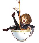  brown_hair closed_eyes cup gime hirasawa_yui in_container in_cup k-on! minigirl oversized_object pantyhose school_uniform short_hair solo tea teacup teapot wet 