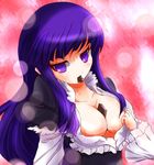  between_breasts blue_hair breasts choco_chip_(ekitai_idou) chocolate cleavage dress frederica_bernkastel heart large_breasts long_hair mouth_hold purple_eyes solo umineko_no_naku_koro_ni valentine 