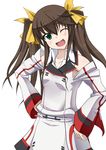  ao_(time-leap) blush brown_hair fang green_eyes hair_ribbon highres huang_lingyin infinite_stratos one_eye_closed open_mouth ribbon solo standing twintails 