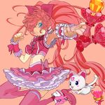  armpits blue_eyes bow cure_melody dory fairy_tone hair_over_one_eye houjou_hibiki hummy_(suite_precure) long_hair magical_girl midriff miracle_belltier navel outstretched_arm pink pink_background pink_bow pink_hair pink_legwear precure suite_precure thighhighs twintails very_long_hair yuuki_(irodo_rhythm) 
