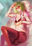  bed bra breasts cleavage green_hair kazami_yuuka lingerie lying medium_breasts navel nokishita on_back panties panties_under_pantyhose pantyhose red_eyes short_hair solo thighband_pantyhose touhou underwear 