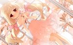  bangs bare_shoulders blonde_hair blunt_bangs blush bow bow_panties cafe_sourire dress flower hair_bow highres holding holding_flower kurot long_hair looking_at_viewer ogiwara_kyouko panties red_eyes see-through solo twintails underwear 