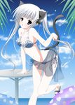  animal_ears bikini blue_eyes blue_sarong cat_ears innertube long_hair original sandals sarong sarong_lift solo swimsuit table tail translucent_sarong twintails white_hair yuzuno_ha 