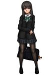  bag black_hair black_legwear blazer brown_eyes highres jacket kuro_suto_sukii long_hair original pantyhose plaid plaid_skirt school_bag school_uniform simple_background skirt solo stephan_(the_world_of_golden_eggs) the_world_of_golden_eggs 