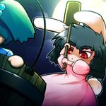  :&lt; animal_ears black_hair bucket bunny_ears bunny_tail chibi evil eyebrows green_hair hair_bobbles hair_ornament in_bucket in_container inaba_tewi kanno_kengo kisume mallet multiple_girls red_eyes short_hair tail thick_eyebrows touhou violence wooden_bucket 