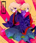  amesawa_mokke bad_id bad_pixiv_id blonde_hair dual_persona fan folding_fan ivan_karelin jacket japanese_clothes letterman_jacket male_focus multiple_boys origami paper_crane purple_eyes purple_jacket tiger_&amp;_bunny 