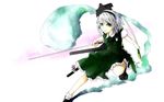  bad_id bad_pixiv_id black_hairband blush dual_wielding ghost green_eyes hairband highres hitodama holding katana konpaku_youmu konpaku_youmu_(ghost) reort short_hair solo sword touhou vest weapon white_hair 