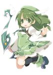  black_legwear blush bow_(weapon) dress floating_hair full_body green_eyes green_footwear green_hair green_hat hat head_wings holding_bow juliet_sleeves kneehighs long_hair long_sleeves magical_girl mahou_shoujo_madoka_magica open_mouth puffy_sleeves shizuki_hitomi simple_background smile solo sword weapon what_if white_background winged_hat zankuro 