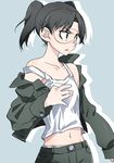  amasawa_yuuko black_hair dennou_coil glasses grey_eyes jacket navel pants solo strap_slip tank_top tima twintails 