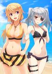  :d beach bikini bikini_skirt blonde_hair blue_sky breasts charlotte_dunois cleavage day eyepatch flat_chest groin highres infinite_stratos jewelry laura_bodewig long_hair lowleg medium_breasts multiple_girls navel necklace ocean open_mouth outdoors pink_eyes prime purple_eyes red_eyes silver_hair sky small_breasts smile swimsuit thigh_strap twintails wavy_mouth white_hair 
