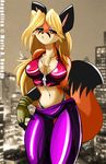  2005 anggelica blonde_hair breasts canine chalo chest_tuft cleavage face_markings female fox green_eyes hair looking_at_viewer midriff orange skimpy solo standing tail thong 