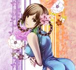 ass bare_shoulders braid breasts brown_eyes brown_hair china_dress chinese_clothes dress earrings flower from_behind gersang hair_flower hair_ornament hair_rings highres jewelry large_breasts looking_back nail_polish side_slit solo vbvacancy 