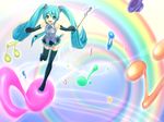 :d aqua_eyes aqua_hair boots detached_sleeves hatsune_miku headset long_hair musical_note necktie open_mouth rainbow skirt smile solo thigh_boots thighhighs touji twintails very_long_hair vocaloid 