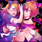  alice_(wonderland) alice_(wonderland)_(cosplay) alice_in_wonderland anger_vein animal_ears bad_id bad_pixiv_id blonde_hair blue_eyes blush bow carrying cat_ears catboy chain cheshire_cat cheshire_cat_(cosplay) collar cosplay crossdressing dress fangs hair_bow halloween highres kazari_tayu kurusu_shou long_hair male_focus multiple_boys open_mouth otoko_no_ko red_eyes shinomiya_satsuki uta_no_prince-sama 