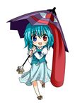  asahana_jun blue_eyes blue_hair chibi commentary_request full_body geta heterochromia karakasa_obake purple_umbrella red_eyes short_hair skirt smile solo tatara_kogasa tongue touhou umbrella 