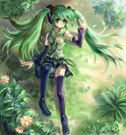  boots chlee detached_sleeves grass green green_eyes green_hair hatsune_miku headphones headset long_hair necktie panties pantyshot pantyshot_(sitting) sitting skirt solo striped striped_panties thigh_boots thighhighs twintails underwear very_long_hair vocaloid 
