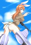  animal_ears ass bad_id bad_pixiv_id blue_eyes breasts bunny_ears charlotte_e_yeager cloud day gun highres large_breasts long_hair military military_uniform orange_hair panties shinsono_shiroko sky solo strike_witches striker_unit tail underwear uniform weapon world_witches_series 