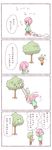  4koma ahoge comic green_hair highres kaname_madoka kyubey mahou_shoujo_madoka_magica nowlo pink_hair short_hair short_twintails sweater throwing translated tree twintails younger 