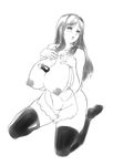  apron areolae between_breasts blush breasts eggplant greyscale hero_(do-belman) highres huge_breasts kneeling long_hair monochrome naked_apron nipples puffy_nipples simple_background solo thighhighs 