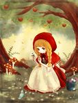  apple bad_id bad_pixiv_id bangs basket bird blonde_hair braid capelet food fruit hood little_red_riding_hood little_red_riding_hood_(grimm) mushroom red_capelet shindog solo tree twin_braids 