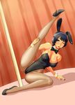  animal_ears black_eyes black_hair bunny_ears bunnysuit dutch_angle fatal_frame_3 headphones kurosawa_rei leg_lift legs long_legs ml one_eye_closed pantyhose pole pole_dancing short_hair solo spread_legs thighs wrist_cuffs 