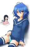  akiyama_mio blood blue_hair brown_eyes chibi chibi_inset cosplay hayashiya_zankurou highres imaichi_moenai_ko imaichi_moenai_ko_(cosplay) k-on! kobe_shinbun multiple_girls nosebleed panties short_hair striped striped_panties tainaka_ritsu thighhighs underwear 