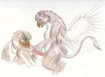  beakjob breasts cum fellatio female gryphon licking male nipples oral oral_sex penis plain_background sex snowy_dragon straight tongue white_background wings 