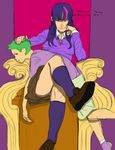  clothing friendship_is_magic green_eyes green_hair human my_little_pony necklace purple_eyes shoes spike_(mlp) text throne twilight_sparkle_(mlp) two_tone_hair underground_lair 