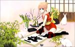  bad_id bad_pixiv_id blonde_hair blue_hair bunny calligraphy_brush hair_bun ink inkstone japanese_clothes original paintbrush rowally sitting solo striped striped_legwear thighhighs wariza writing 