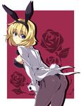  alice_margatroid animal_ears ass back-seamed_legwear blonde_hair blue_eyes breasts bunny_ears bunny_tail bunnysuit fake_animal_ears jacket looking_back medium_breasts pantyhose seamed_legwear short_hair solo tail touhou touya_(the-moon) 