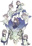  6+girls apron armor breastplate brown_hair chibi full_armor full_body helmet jitsu_hidari kneeling knight long_hair multiple_girls original short_hair simple_background standing waist_apron white_background 