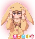  2011 :&lt; aisaka_taiga animal_costume blush brown_eyes brown_hair bunny_costume embarrassed face hands katou_(katohayabusa) long_hair new_year pajamas solo toradora! 