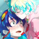  1girl awa_(awaawa) bad_id bad_pixiv_id bandaid blue_hair blush couple goggles goggles_on_head hetero kiss multicolored_hair nia_teppelin simon tengen_toppa_gurren_lagann two-tone_hair younger 