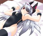  animal_ears bunny_ears bunnysuit eyepatch infinite_stratos laura_bodewig leotard long_hair lying naageru red_eyes silver_hair solo thighhighs 