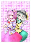  bad_id bad_pixiv_id blush brown_eyes checkered checkered_background eyeball fusanojou green_eyes hairband hand_on_shoulder hat highres komeiji_koishi komeiji_satori multiple_girls open_mouth purple_hair short_hair siblings silver_hair sisters smile third_eye touhou 