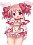  :d animal_ears bad_id bad_pixiv_id bow bunny_ears fingerless_gloves gloves hair_bow kaname_madoka magical_girl mahou_shoujo_madoka_magica meiro_(yuu) open_mouth panties pantyshot pink_hair red_eyes short_hair short_twintails smile solo twintails underwear wedgie 