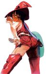  1girl arc_system_works ass electric_guitar guilty_gear guilty_gear_xx guitar hat i-no instrument ishiwatari_daisuke latex looking_back mole nail_polish official_art short_hair short_shorts shorts simple_background solo sunglasses tank_top thighhighs 