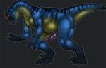  barbs blue_body claws digitigrade dinosaur erection green_eyes hindpaw looking_at_viewer male nude oviraptor paws penis plain_background raptor scalie solo standing stripes toes tojo_the_thief 