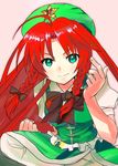  bad_id bad_pixiv_id bow braid chirosuke clenched_hand fighting_stance green_eyes hair_bow hat hong_meiling leg_up long_hair pose red_hair smile solo touhou twin_braids 