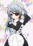  adjusting_hair alternate_costume enmaided eyepatch female frills highres infinite_stratos laura_bodewig long_hair maid maid_dress mouth_hold red_eyes silver_hair solo 