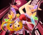  aaku barefoot blonde_hair face fangs flandre_scarlet flying foreshortening red_eyes revision solo touhou upside-down vampire wings 