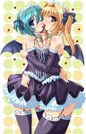  2girls aqua_hair bare_shoulders bat_wings blonde_hair blue_eyes blush breast_press breasts brown_eyes carrot cream dress food fruit garter_belt green_hair hair_ribbon headdress hug incipient_kiss kinoshita_rumi long_hair maid mouth_hold mouth_to_mouth_feeding multiple_girls narahara_tsubame one_eye_closed pia_carrot pia_carrot_(series) pia_carrot_e_youkoso!! pia_carrot_e_youkoso!!_g.o. pia_carrot_go ribbon shared_food short_hair source_request strawberry symmetrical_docking thighhighs twintails wings wink yuri 