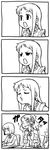  3girls 4koma anjou_naruko ano_hi_mita_hana_no_namae_wo_bokutachi_wa_mada_shiranai. blowing blush comic greyscale honma_meiko monochrome multiple_girls papa sleeves_rolled_up surprised 