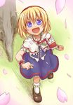  :d alice_margatroid bad_id bad_pixiv_id blonde_hair blue_eyes capelet cherry_blossoms from_above hairband highres jewelry kashipam003 open_mouth petals ribbon ring short_hair smile solo touhou tree wrist_cuffs 