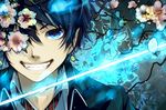  ao_no_exorcist bad_id bad_pixiv_id black_hair blue_eyes blue_fire cherry_blossoms fangs fire flower glowing glowing_weapon grin male_focus matsunaka_hiro okumura_rin pointy_ears smile solo sword weapon 
