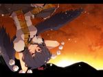  aoi_(annbi) arms_behind_head black_hair flying hat letterboxed looking_at_viewer mountain red_eyes shameimaru_aya short_hair smile solo sunset tokin_hat touhou upside-down wings 