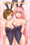  animal_ears asymmetrical_docking bare_legs blue_eyes breast_press breasts brown_eyes brown_hair bunny_ears bunnysuit cleavage long_hair medium_breasts megurine_luka meiko multiple_girls murasaki_(ekyu) nail_polish pink_hair vocaloid 