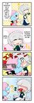  2girls 4koma absurdres blood blush chibi comic engrish epic_nosebleed female hard_translated highres izayoi_sakuya mesou-san multiple_girls nosebleed ranguage remilia_scarlet touhou translated 