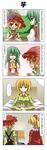  4koma :d ^_^ aki_minoriko aki_shizuha alternate_hair_length alternate_hairstyle ascot bed closed_eyes comic dirty dreaming drooling food green_hair hat highres kazami_yuuka kazami_yuuka_(pc-98) long_hair multiple_girls no_hat no_headwear o_o open_mouth orange_hair pillow plaid rappa_(rappaya) saliva short_hair smile sweet_potato touhou touhou_(pc-98) translated vest waking_up younger 