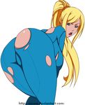  aowa ass bent_over big_ass blonde_hair blue_eyes breasts from_behind huge_ass large_breasts leaning legs long_hair looking_back metroid ponytail samus_aran sideboob skin_tight thighs torn_clothes withpride zero_suit 